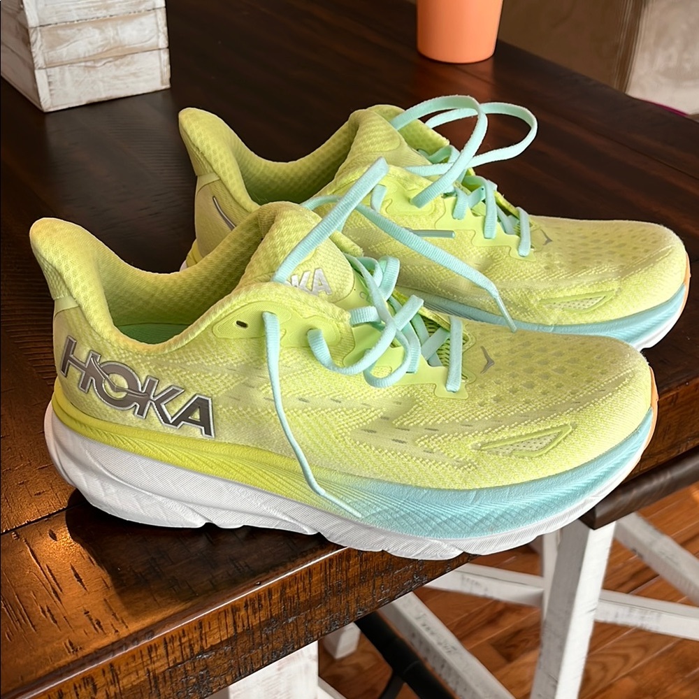 Hoka Lime and Aqua Running Shoes